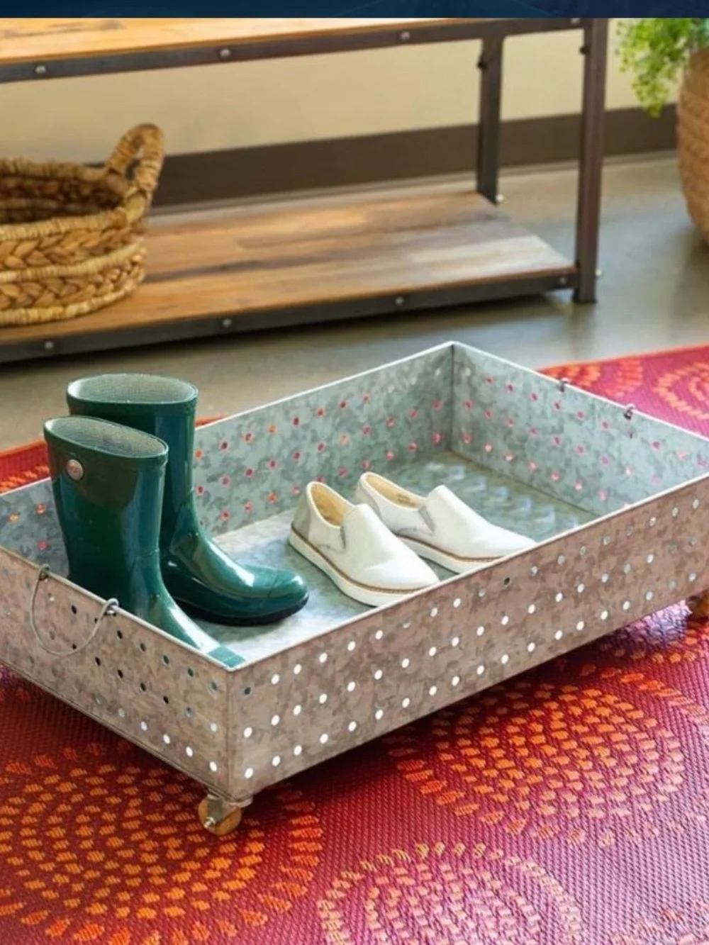 Galvanized Hole-Punched Rolling Storage Tray - Silver
